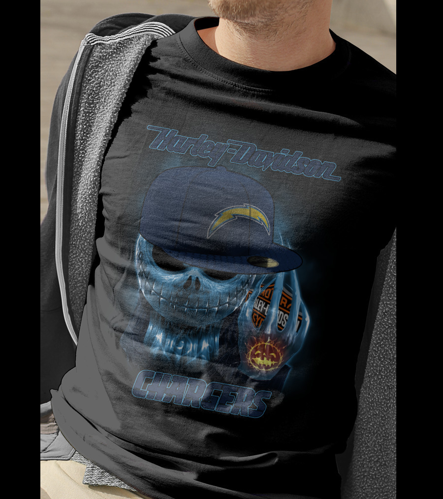 Harley Davidson Los Angeles Chargers Halloween Skeleton With Cap T-Shirt