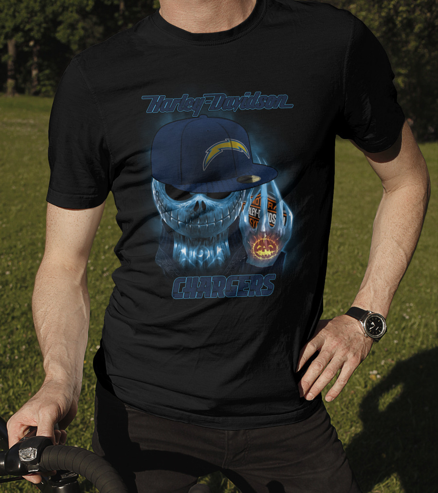 Harley Davidson Los Angeles Chargers Halloween Skeleton With Cap T-Shirt