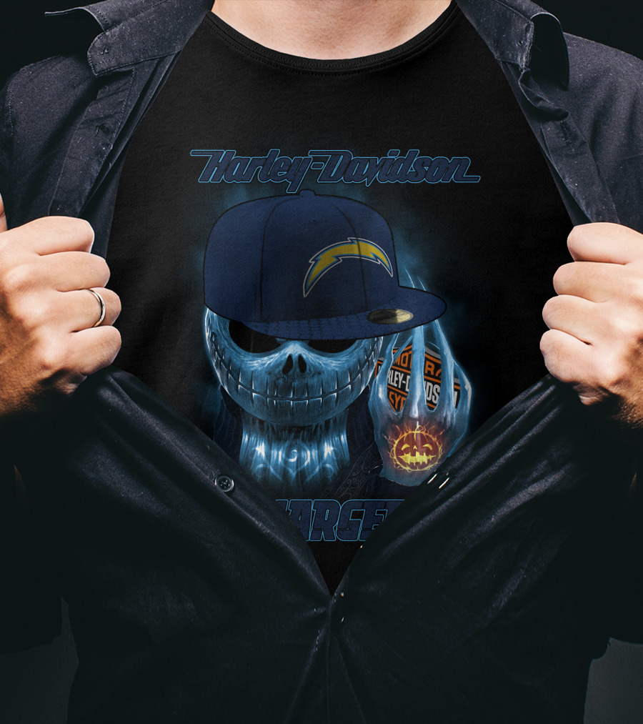 Harley Davidson Los Angeles Chargers Halloween Skeleton With Cap T-Shirt