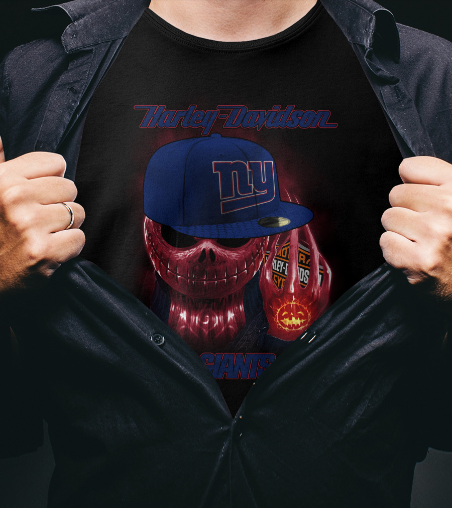 Harley Davidson New York Giants Skull With Cap And Pumpkin Lights T-Shirt
