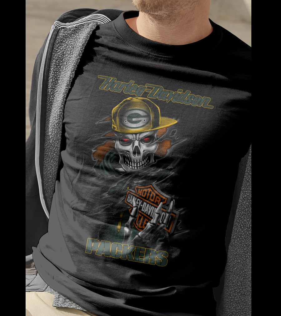 Harley Davidson Green Bay Packers Skull With Cap T-Shirt
