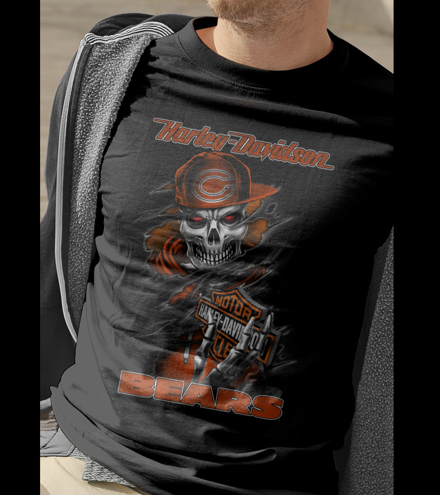 Harley Davidson Bears Skull With Chicago Orange Cap And Motor T-Shirt