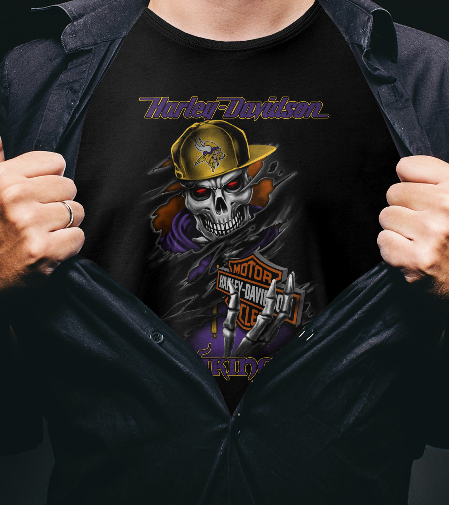 Harley Davidson Vikings Skull In Cap With Motorcycle T-Shirt
