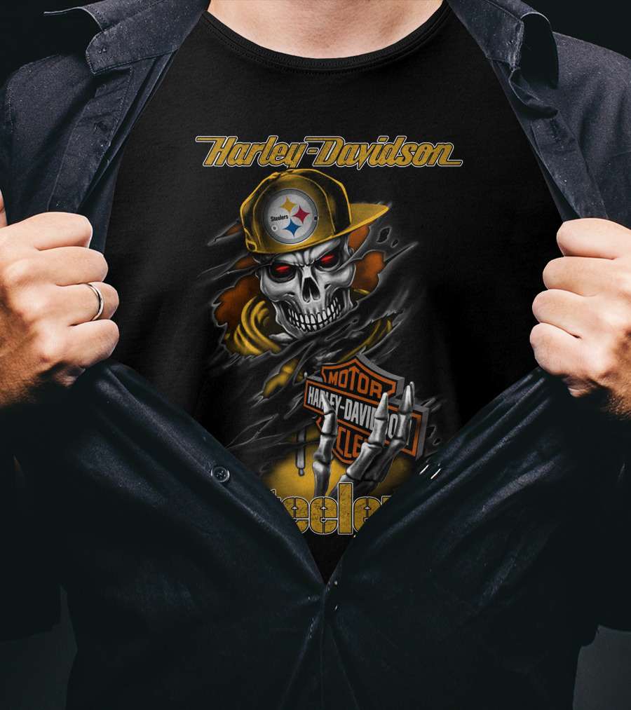 Harley Davidson Steelers Skeleton With Pittsburgh Steelers T-Shirt