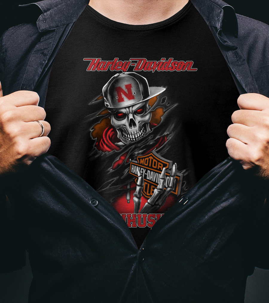 Harley Davidson Cornhuskers Skull With Cap T-Shirt