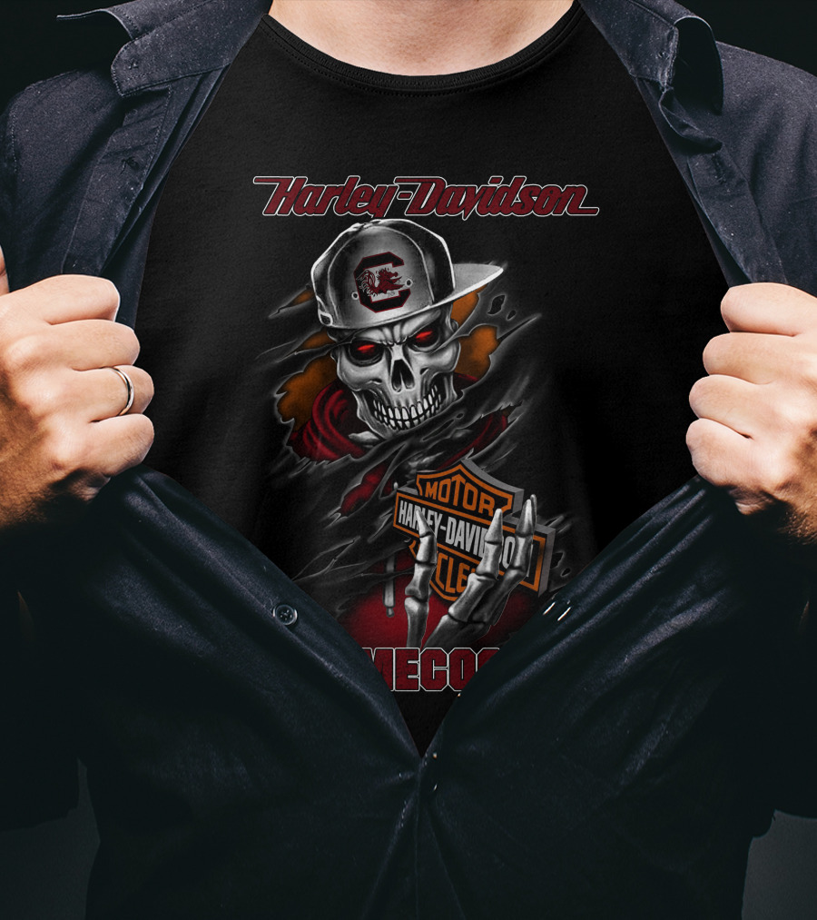 Harley Davidson Gamecocks Skull With Cap T-Shirt