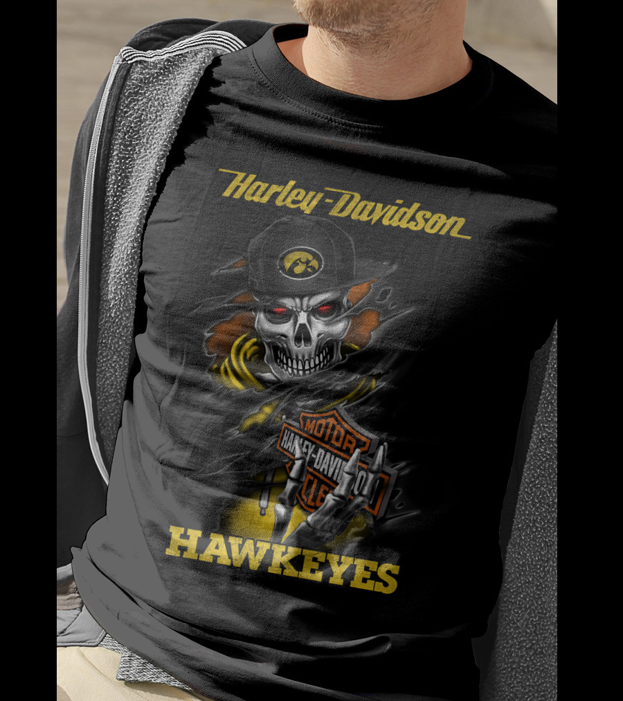 Harley Davidson Hawkeyes Skull With Iowa Logo And Motorcycle T-Shirt