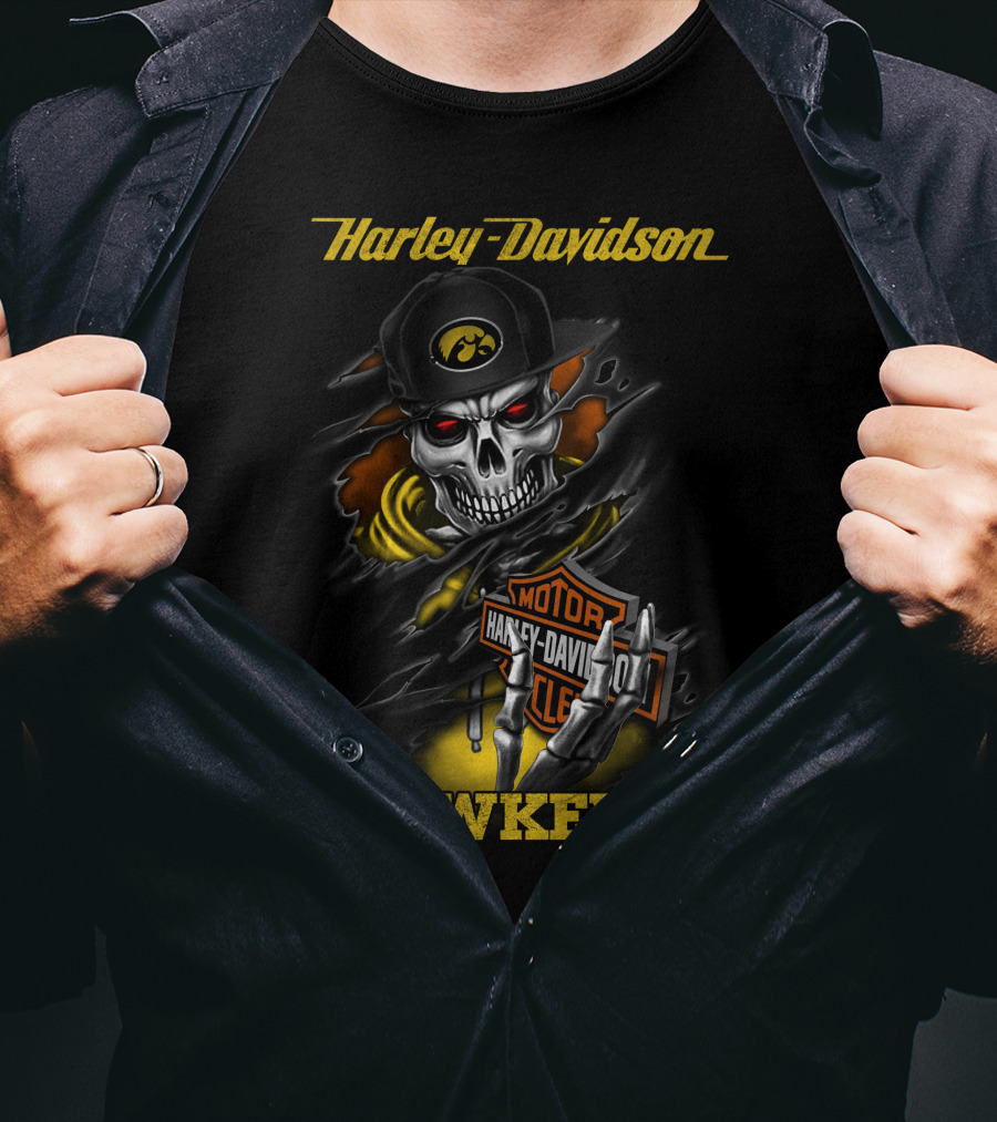Harley Davidson Hawkeyes Skull With Iowa Logo And Motorcycle T-Shirt