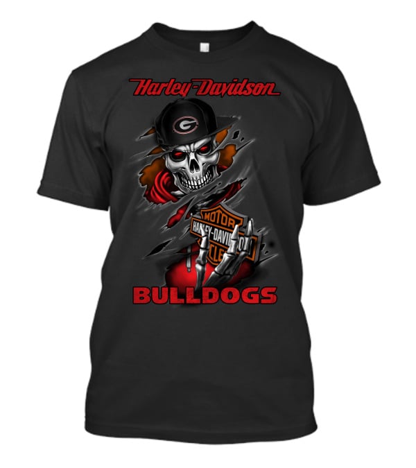 Harley Davidson Bulldogs Skull With Motor Harley Davidson Cycles And Georgia G Cap T-Shirt