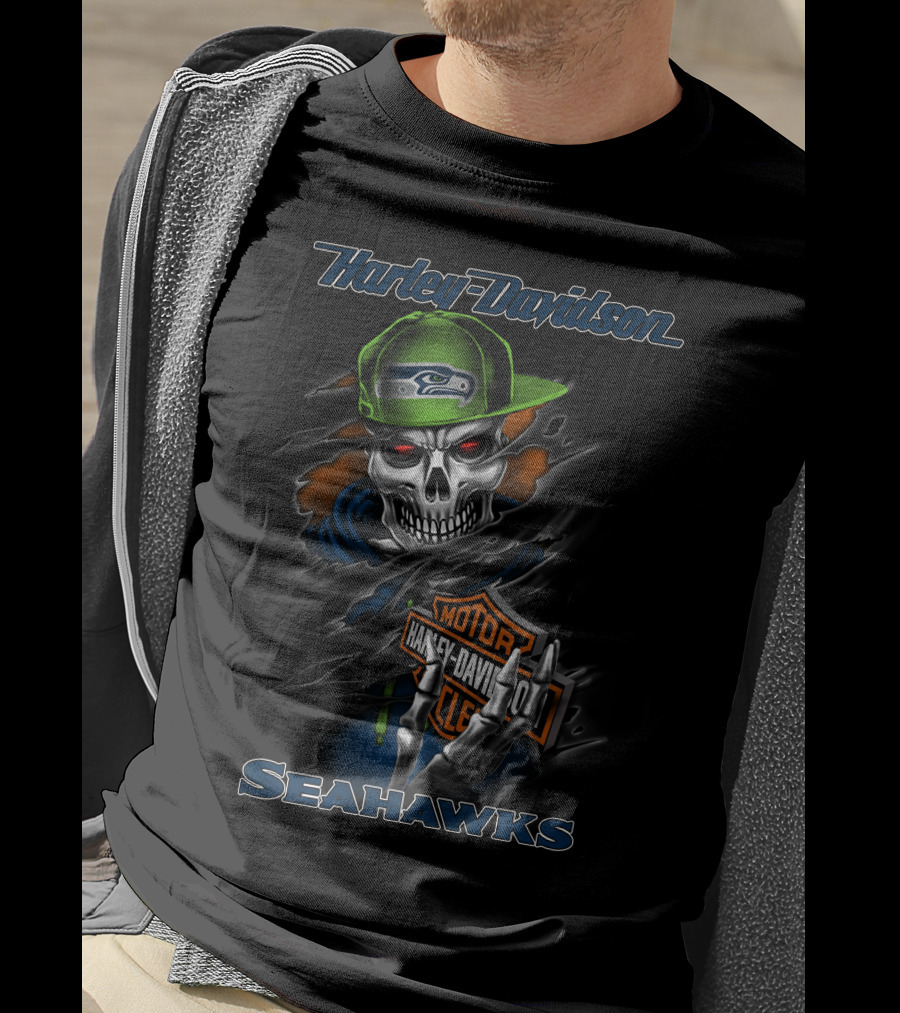 Harley Davidson Seattle Seahawks Skull With Hat And Motorcycle Moto Symbol T-Shirt
