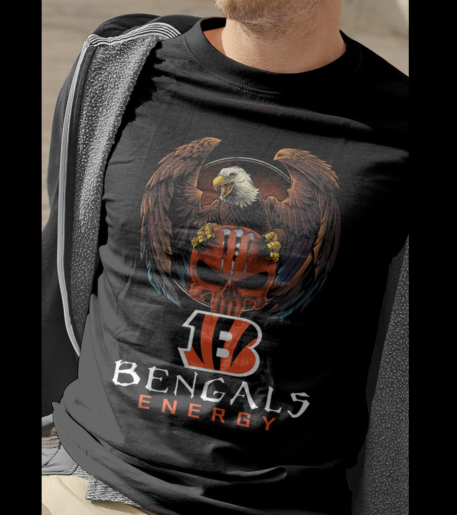Cincinnati Bengals Energy Skull With Eagle And Stripes T-Shirt