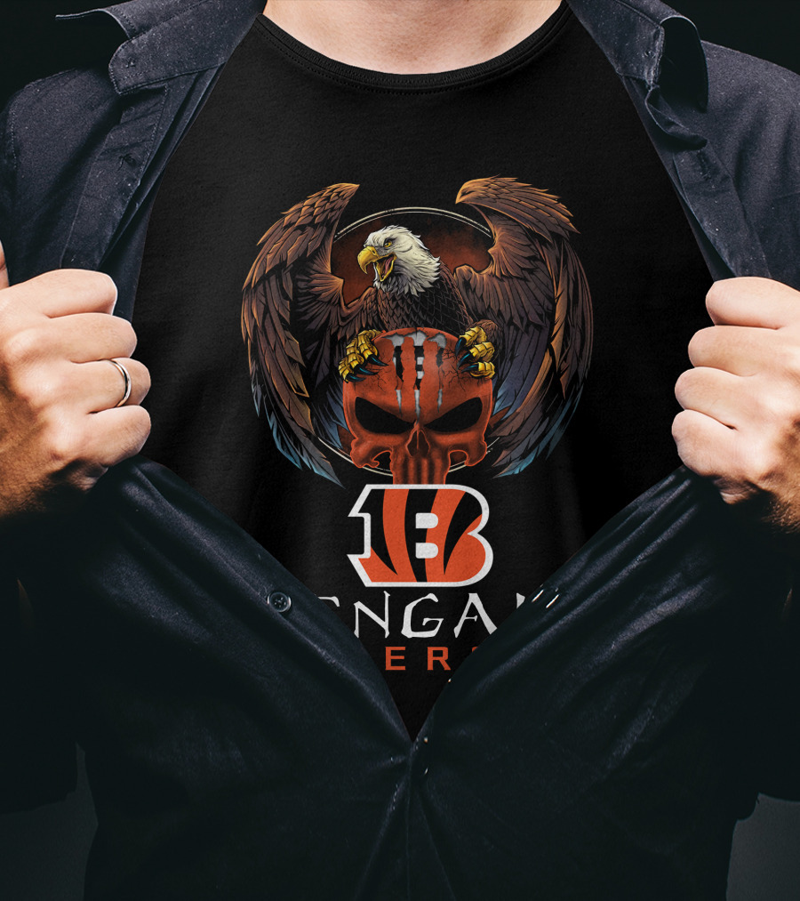Cincinnati Bengals Energy Skull With Eagle And Stripes T-Shirt