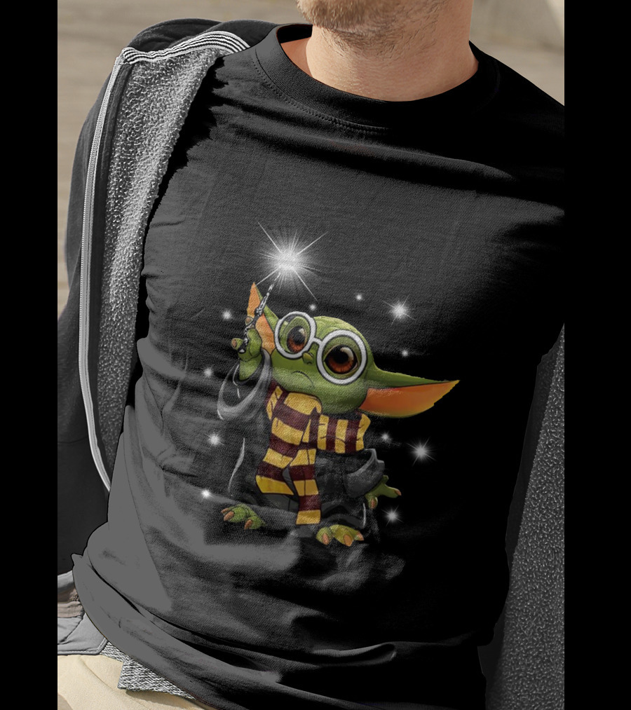 Wand Holding Grogu In Wizard Robe And Scarf With Glasses T-Shirt
