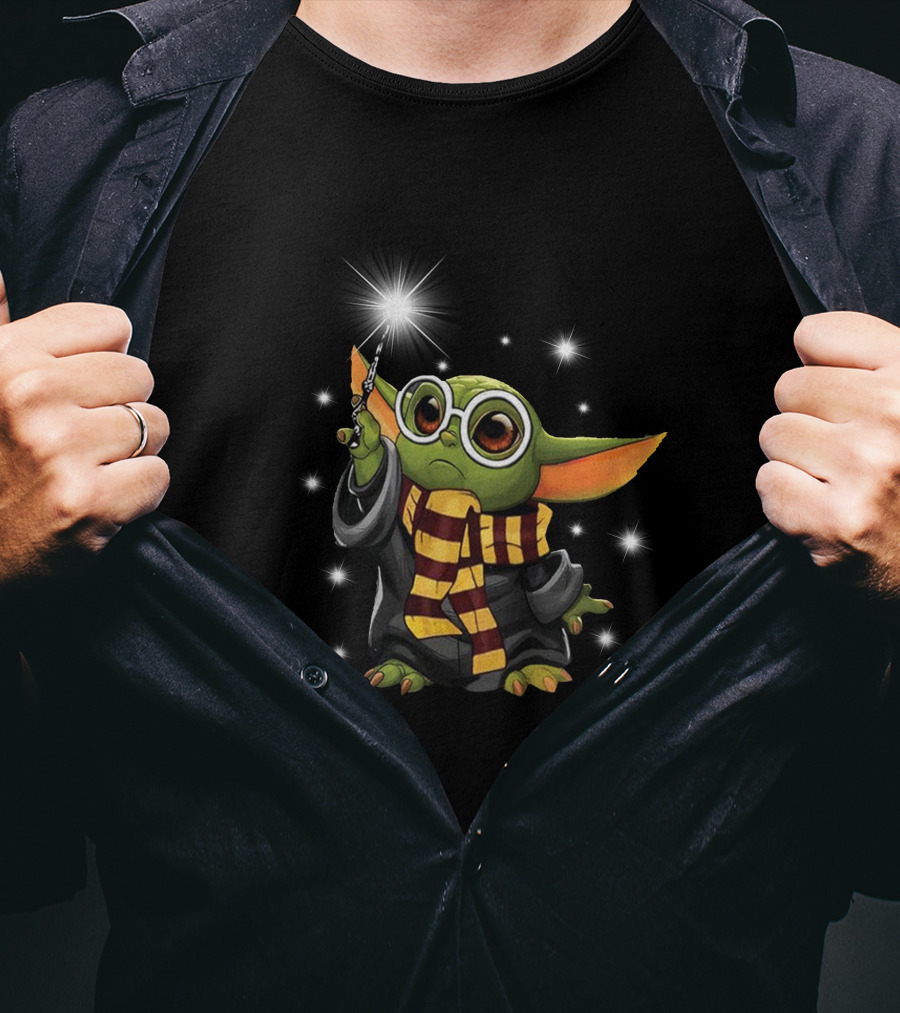 Wand Holding Grogu In Wizard Robe And Scarf With Glasses T-Shirt