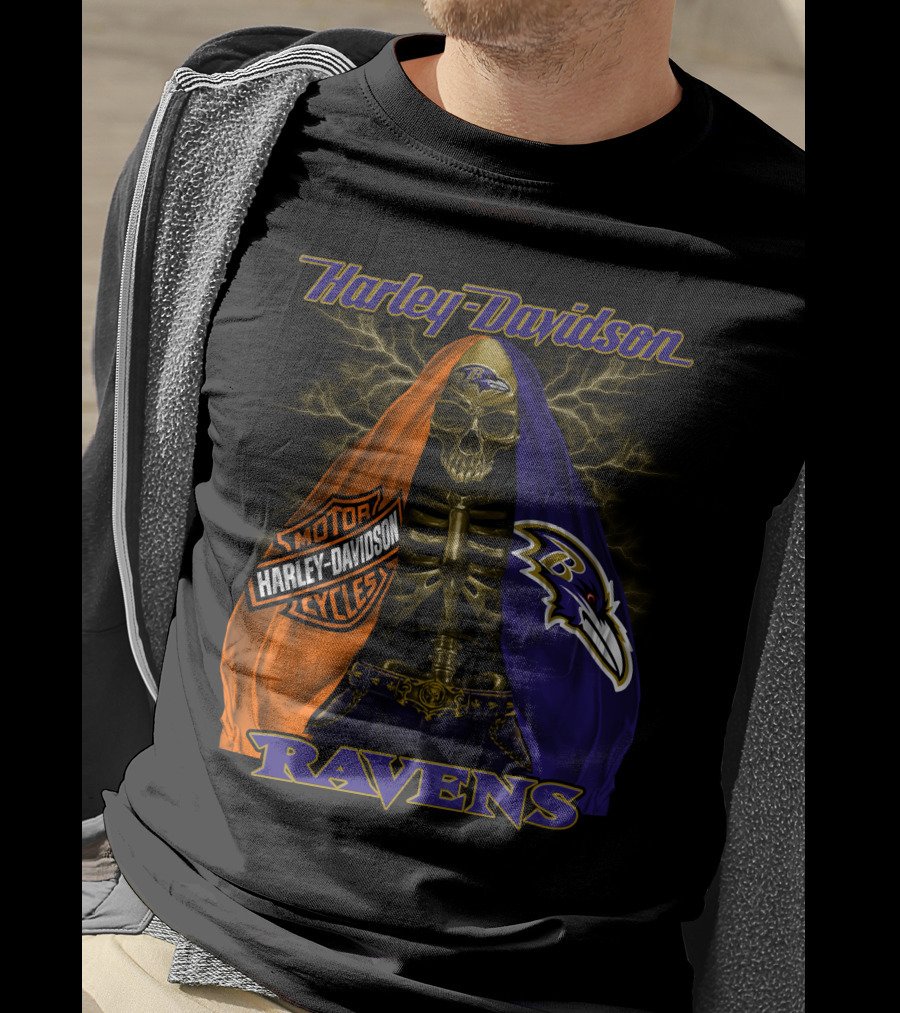 Harley Davidson Baltimore Ravens Motorcycles Skeleton Lightning T-Shirt