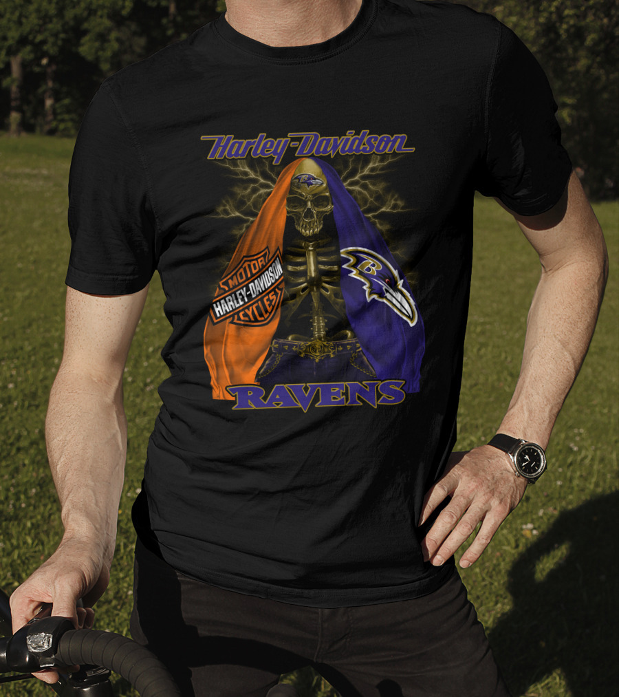 Harley Davidson Baltimore Ravens Motorcycles Skeleton Lightning T-Shirt