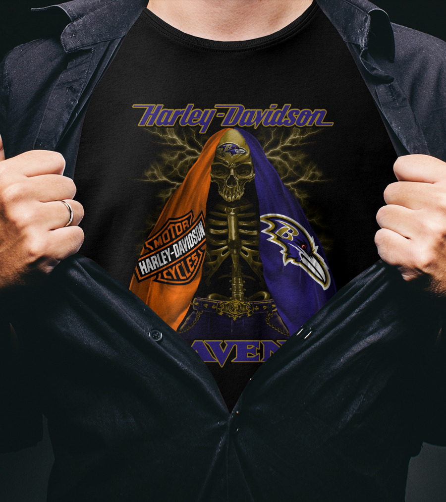 Harley Davidson Baltimore Ravens Motorcycles Skeleton Lightning T-Shirt