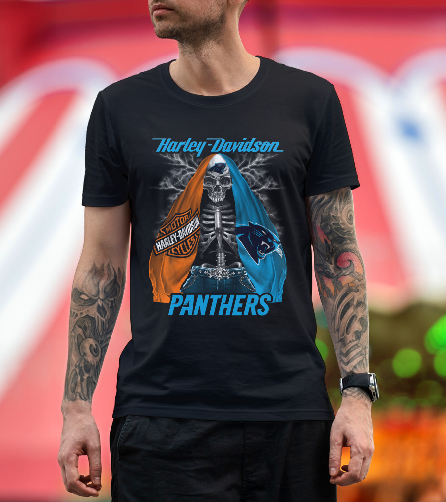 Harley Davidson Motorcycles Skeleton Carolina Panthers T-Shirt