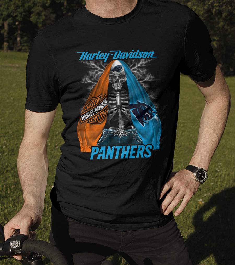 Harley Davidson Motorcycles Skeleton Carolina Panthers T-Shirt