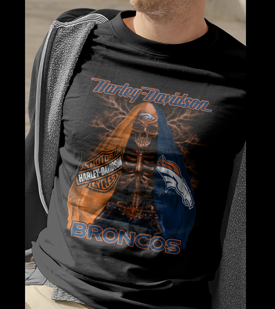 Harley Davidson Denver Broncos Skeleton Motorcycles T-Shirt
