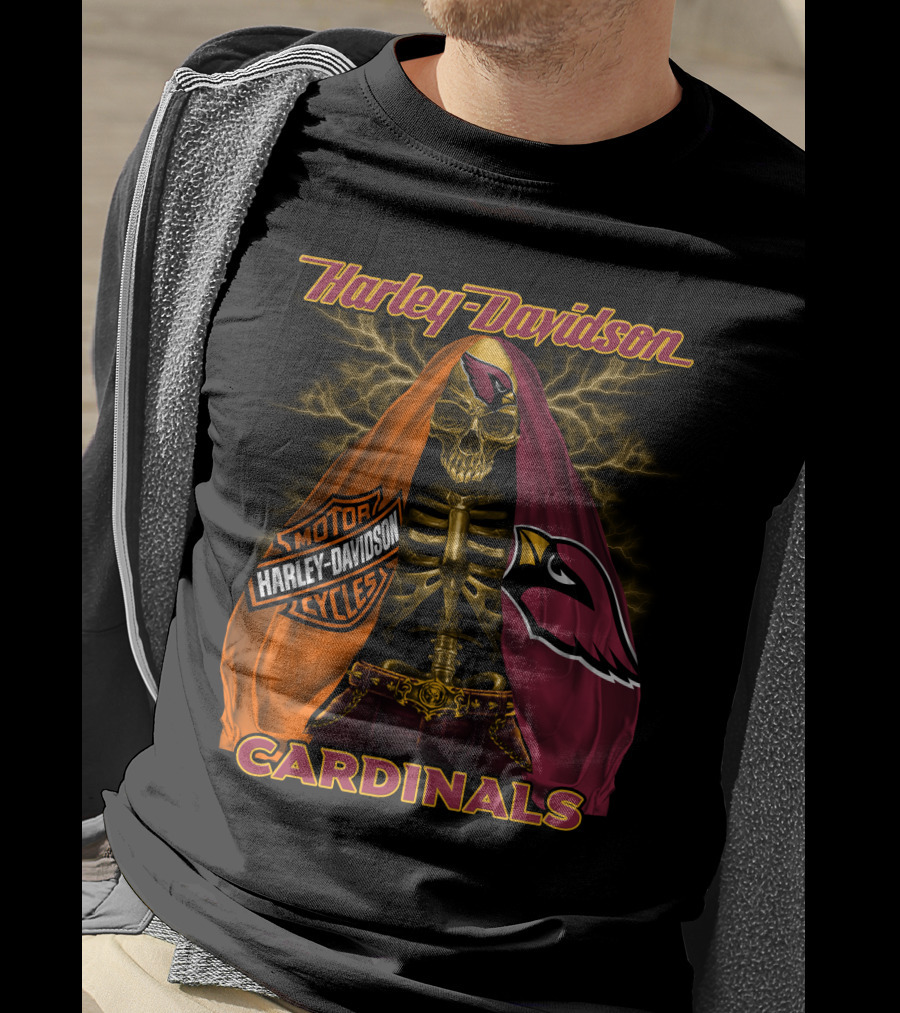 Harley Davidson Arizona Cardinals Skull And Skeleton With Logos T-Shirt