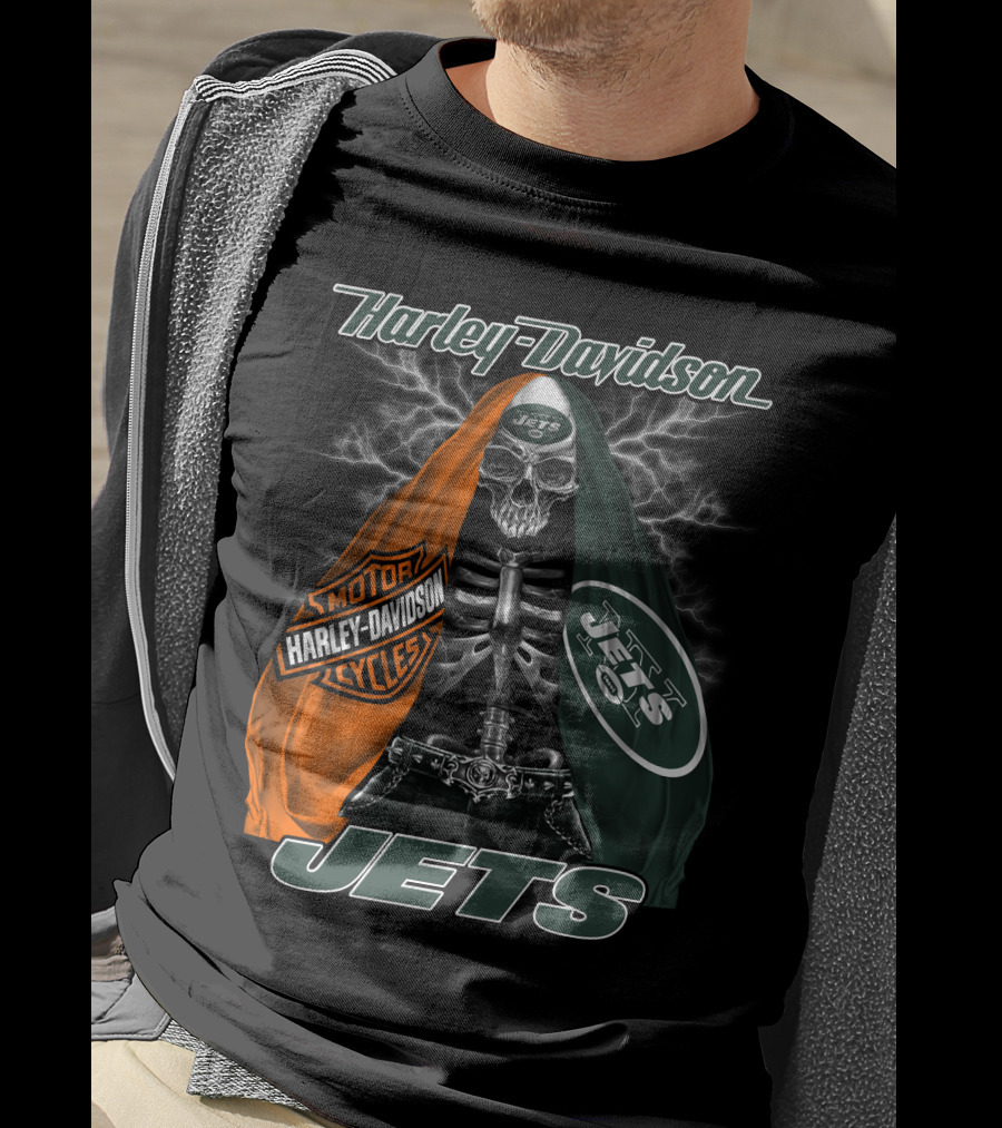 Harley Davidson New York Jets Skeleton With Flag And Lightning T-Shirt