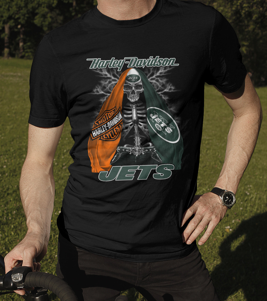 Harley Davidson New York Jets Skeleton With Flag And Lightning T-Shirt