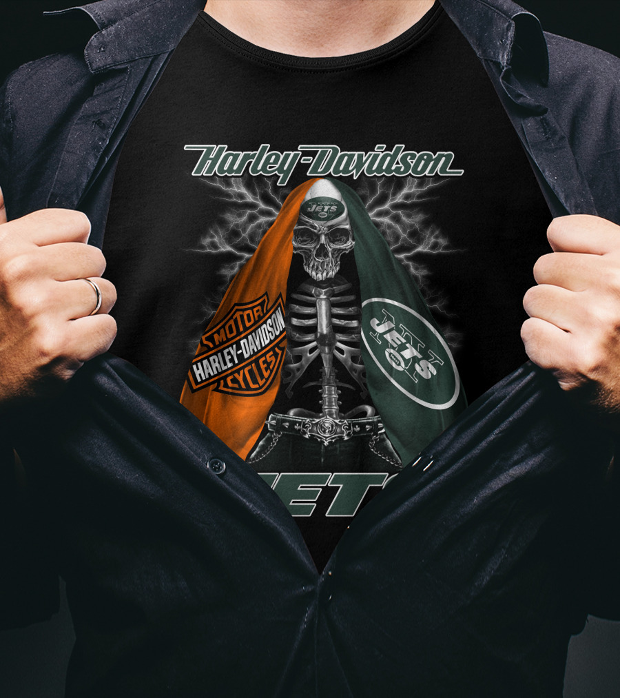 Harley Davidson New York Jets Skeleton With Flag And Lightning T-Shirt