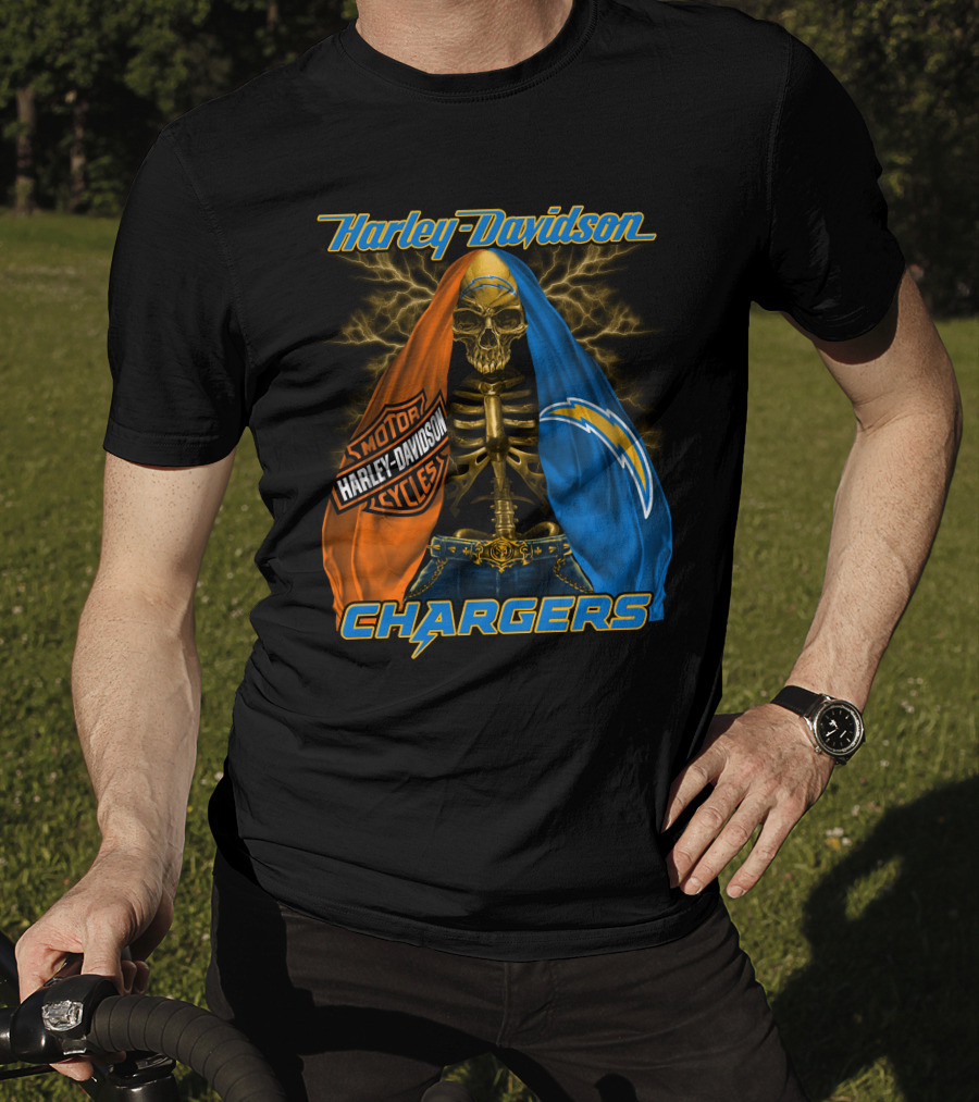 Harley Davidson Los Angeles Chargers Skeleton With Lightning Bolt And Motorcycle T-Shirt