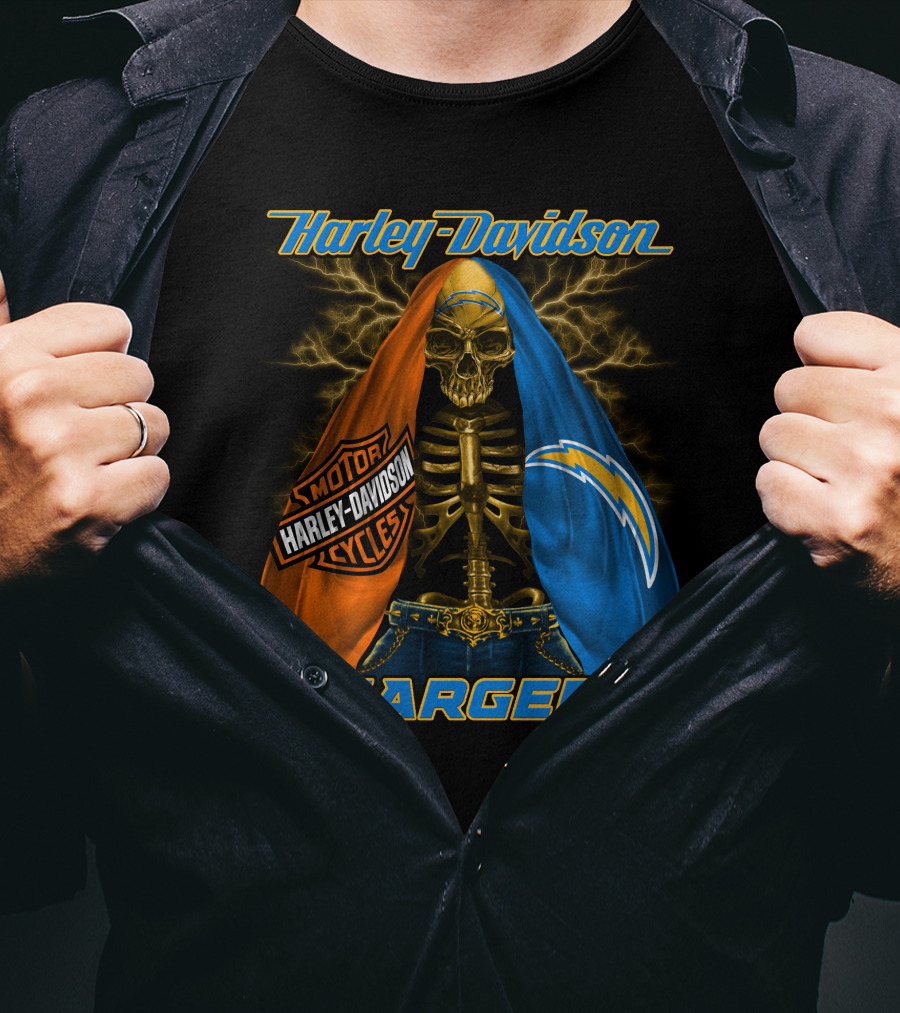 Harley Davidson Los Angeles Chargers Skeleton With Lightning Bolt And Motorcycle T-Shirt