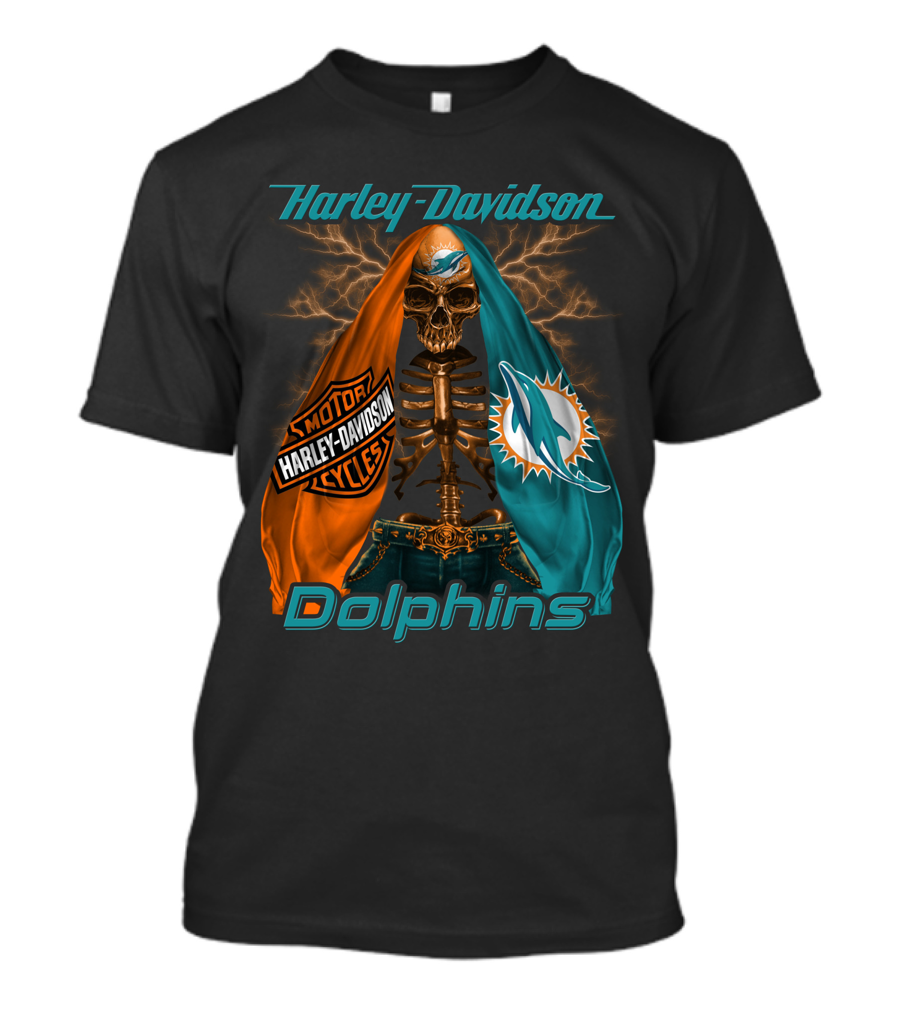 Harley Davidson Miami Dolphins Skeleton Motorcycles T-Shirt