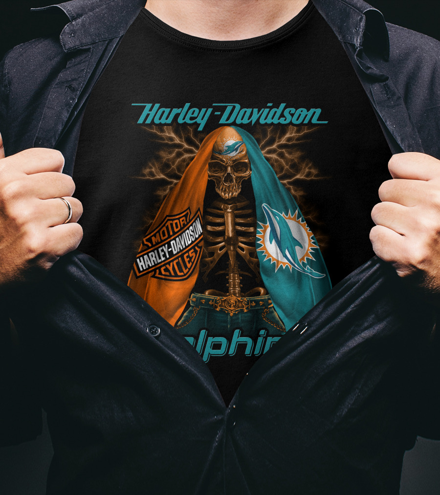 Harley Davidson Miami Dolphins Skeleton Motorcycles T-Shirt