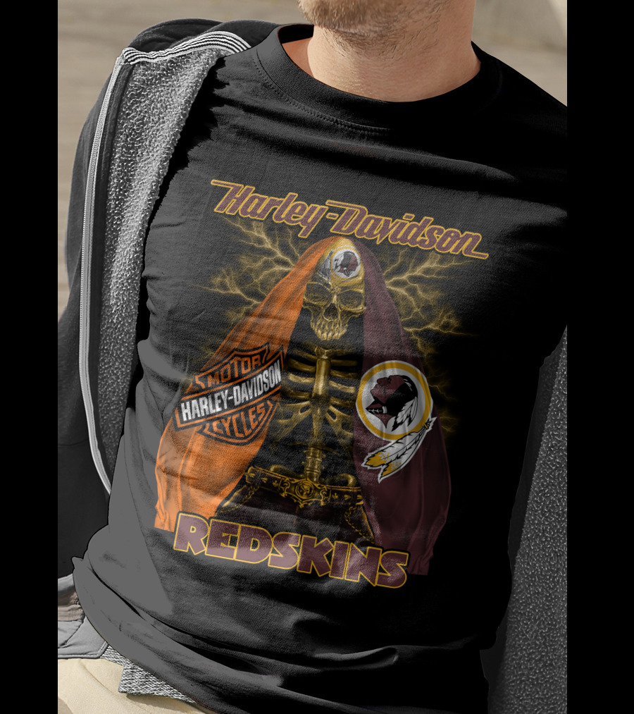 Harley Davidson Redskins Skeleton With Motorcycles And Team Emblems T-Shirt