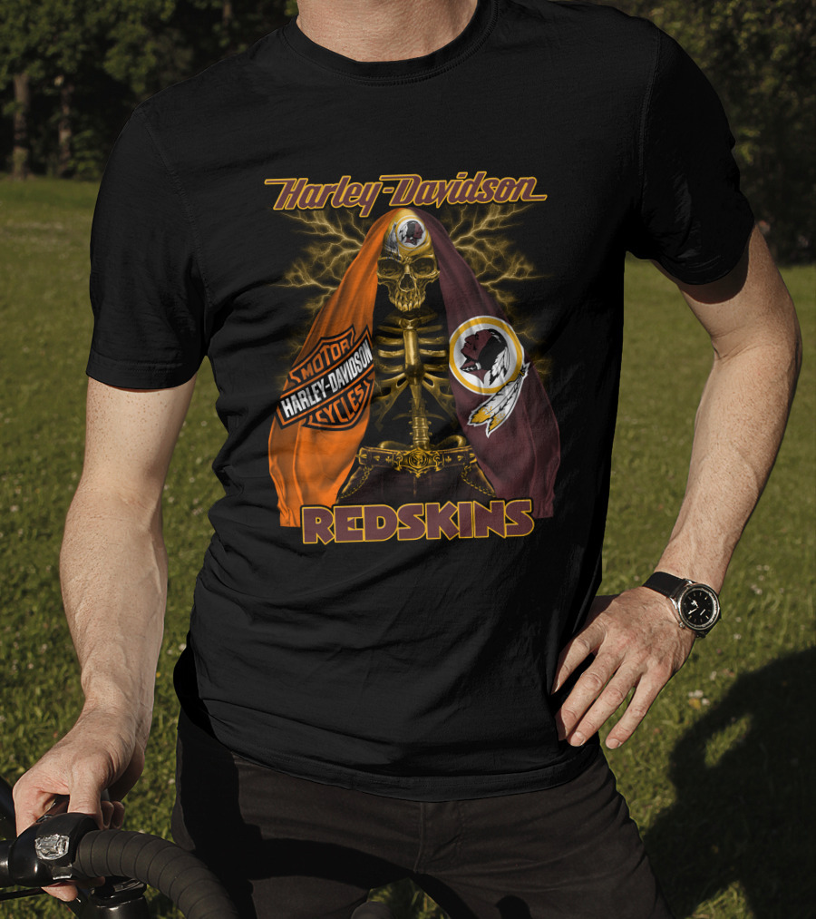 Harley Davidson Redskins Skeleton With Motorcycles And Team Emblems T-Shirt