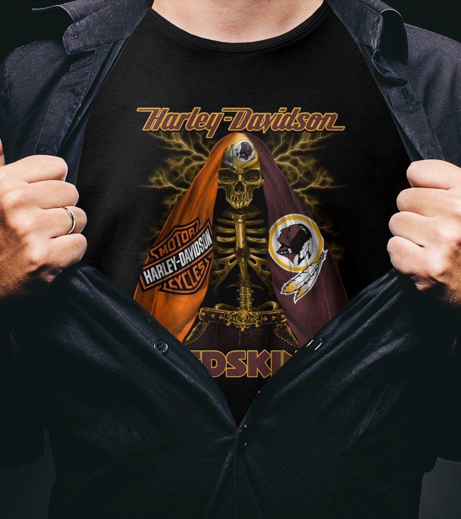 Harley Davidson Redskins Skeleton With Motorcycles And Team Emblems T-Shirt
