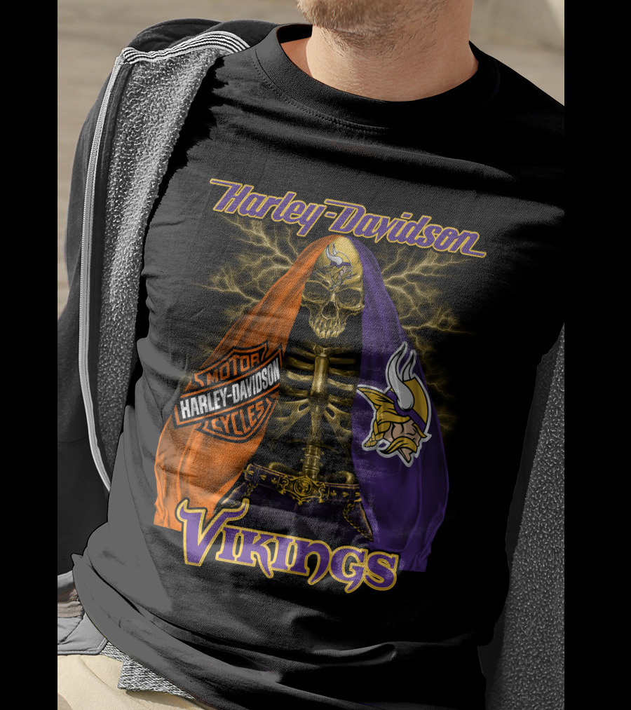 Harley Davidson Minnesota Vikings Motorcycle Skeleton T-Shirt