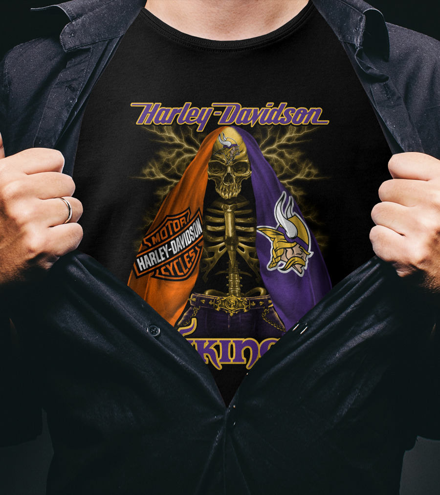 Harley Davidson Minnesota Vikings Motorcycle Skeleton T-Shirt