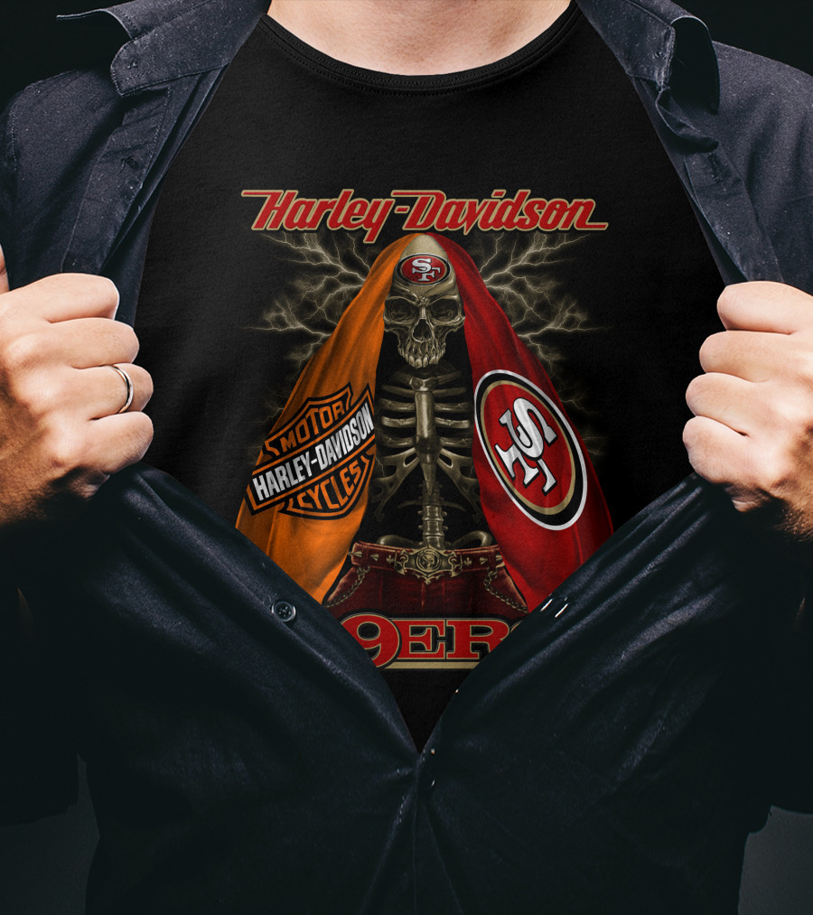 Harley Davidson San Francisco 49ers Skeleton With Motorcycles And S T-Shirt