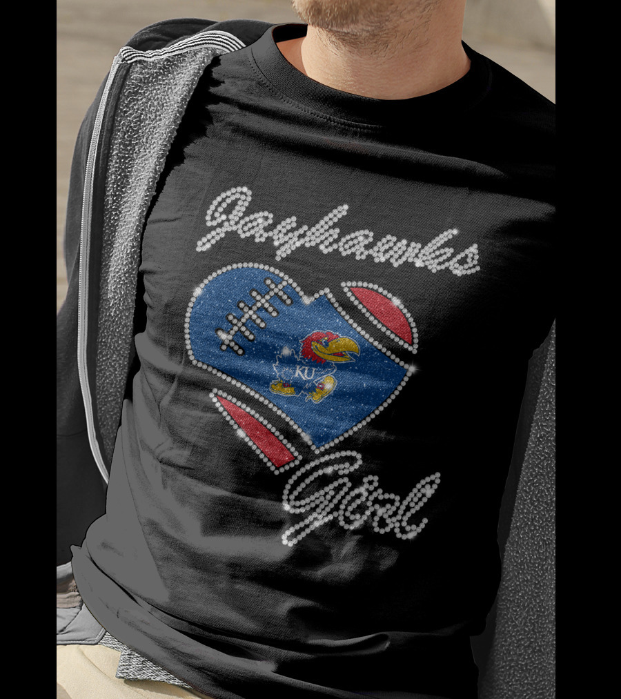 Jayhawks Girl Heart Ku Football T-Shirt