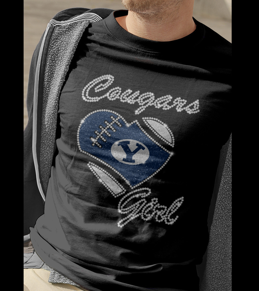 Byu Cougars Girl Football Heart Crystal T-Shirt