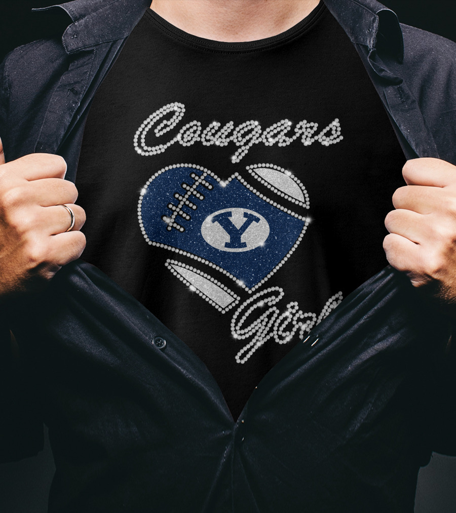 Byu Cougars Girl Football Heart Crystal T-Shirt