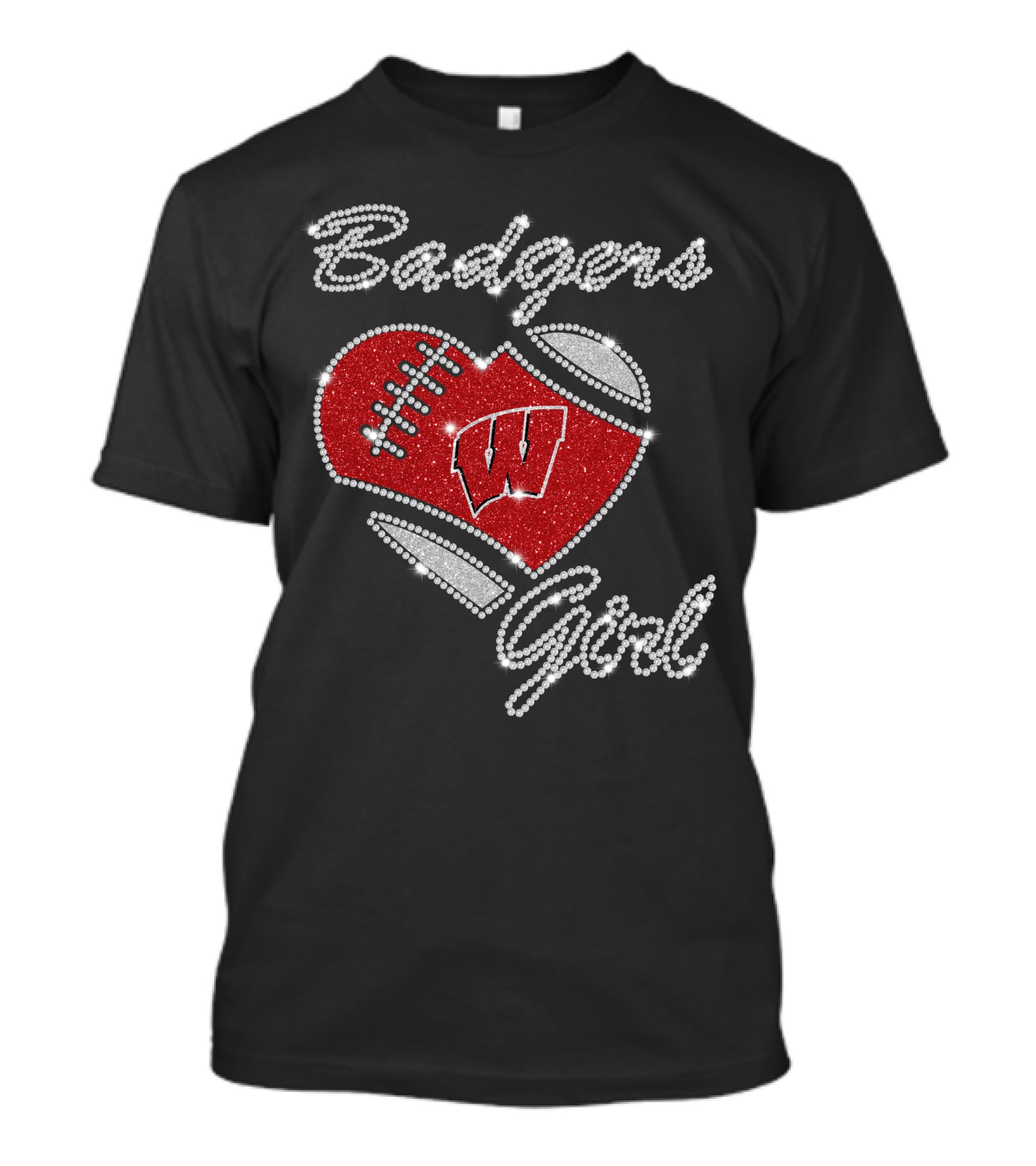 Badgers Girl Wisconsin Football Heart Rhinestone T-Shirt