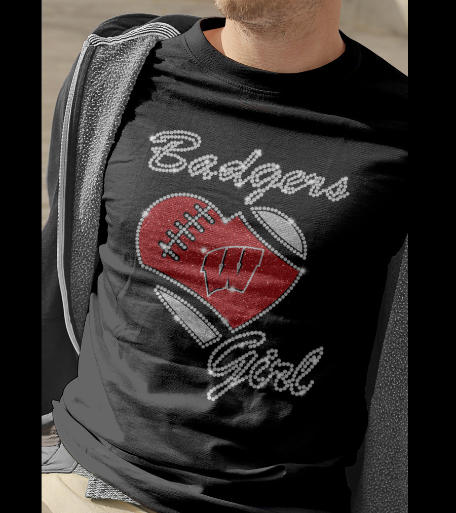 Badgers Girl Wisconsin Football Heart Rhinestone T-Shirt