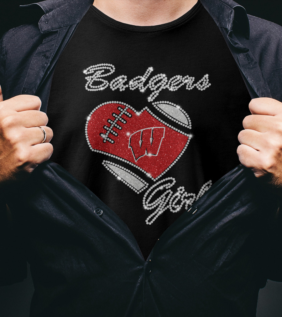 Badgers Girl Wisconsin Football Heart Rhinestone T-Shirt