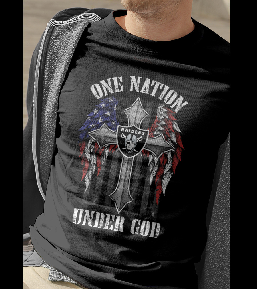Las Vegas Raiders One Nation Under God Cross With American Flag Wings T-Shirt