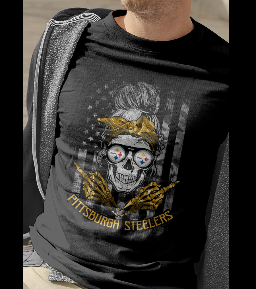 Pittsburgh Steelers Skull Girl Skeleton Bandana Football Fan American Flag T-Shirt