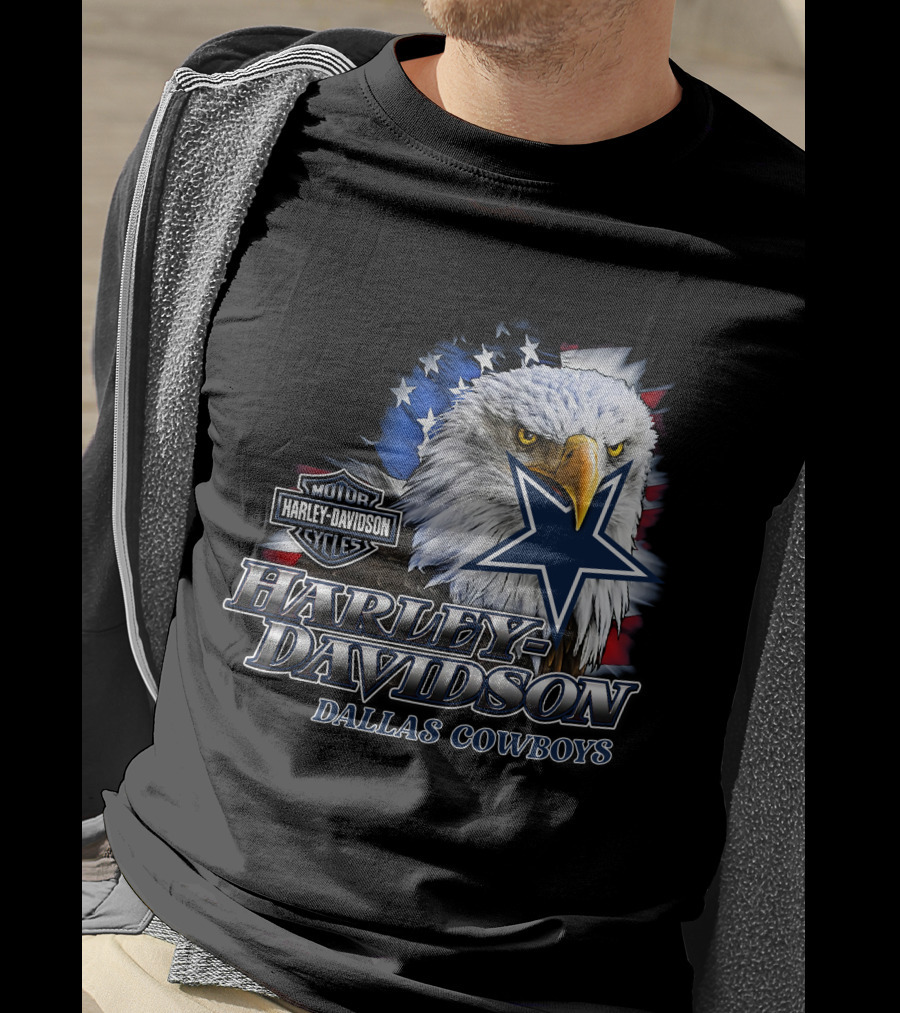 Harley Davidson Dallas Cowboys Motor Cycles Eagle Flag Star T-Shirt