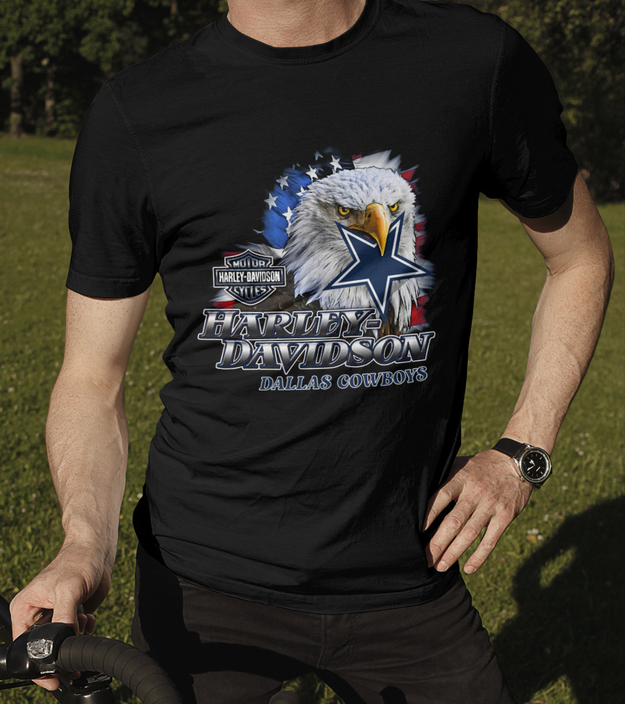 Harley Davidson Dallas Cowboys Motor Cycles Eagle Flag Star T-Shirt