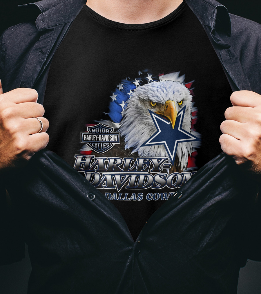 Harley Davidson Dallas Cowboys Motor Cycles Eagle Flag Star T-Shirt
