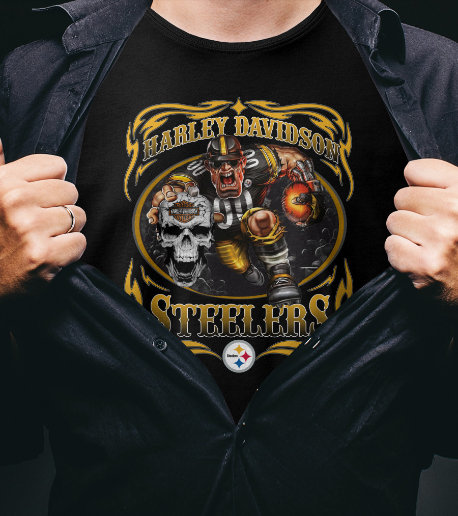 Harley Davidson Steelers Football Skull And Fireball Fantasy T-Shirt